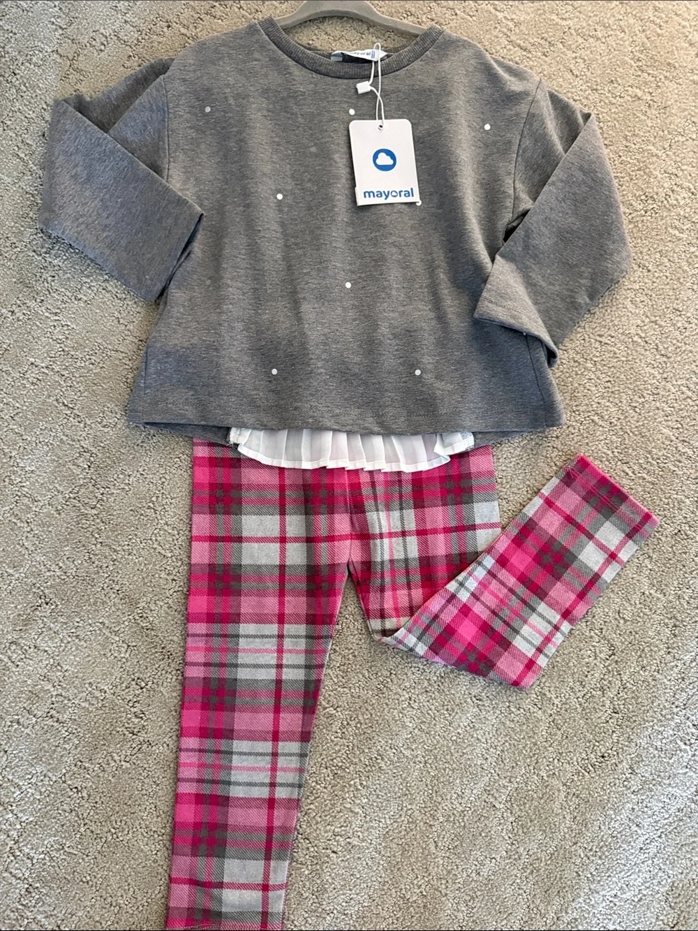 Mayoral Gray Top with Pink Plaid Leggings Dressy Set- Brand New!